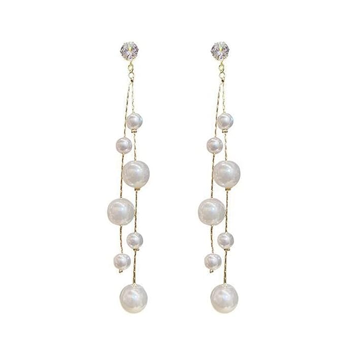 New Korean White Pearl Long Drop Earrings Set For Women & Girls
