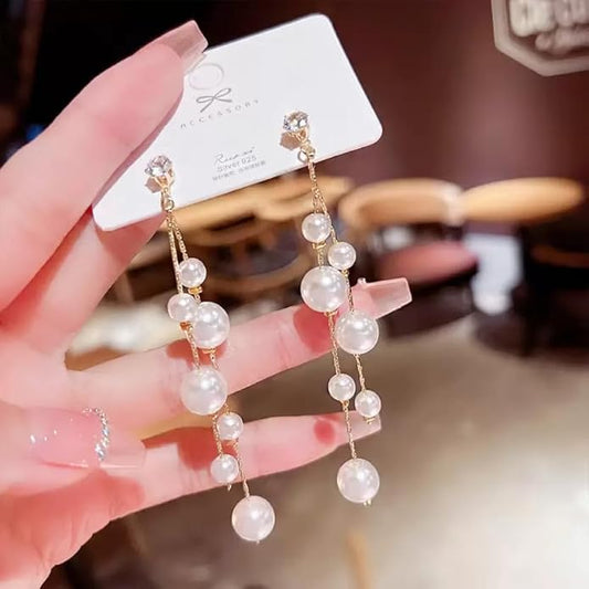 New Korean White Pearl Long Drop Earrings Set For Women & Girls
