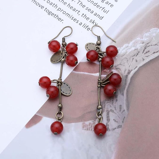 Red Cherry Drop Earrings Gold Disc Dangle
