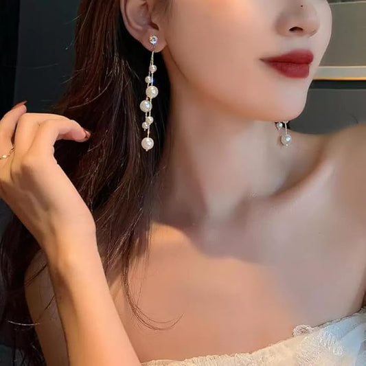 New Korean White Pearl Long Drop Earrings Set For Women & Girls