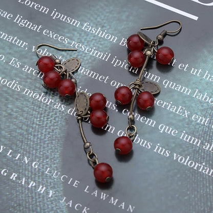 Red Cherry Drop Earrings Gold Disc Dangle
